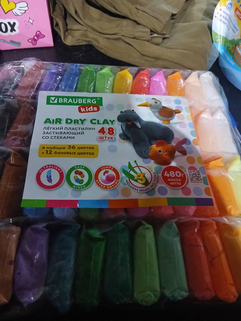 BRAUBERG Kids AIR DRY CLAY, лёгкий пластилин застывающий со стеками, 48 штук