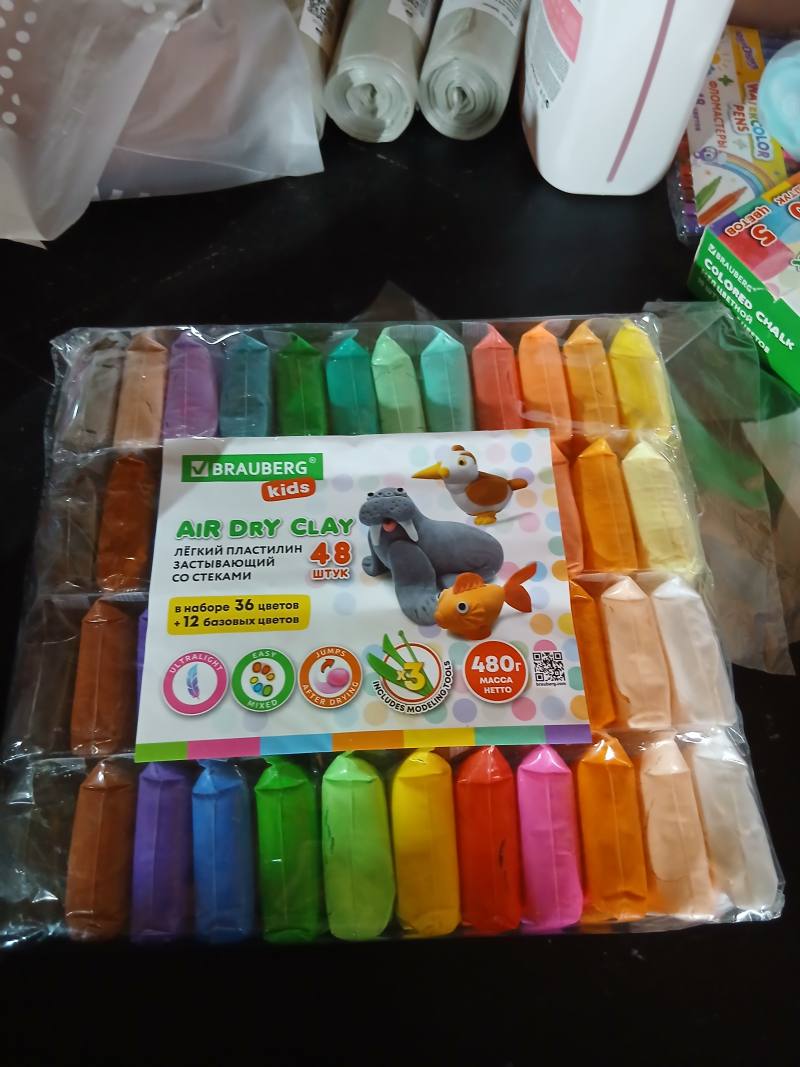 BRAUBERG Kids Air Dry Clay, лёгкий пластилин застывающий со стеками, 48 штук